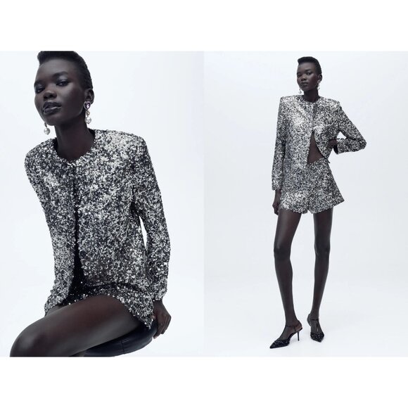 Zara Sequin Jacket XL Silver Snap Front Bling Party Glam Event 2024 EUC! - Picture 1 of 11